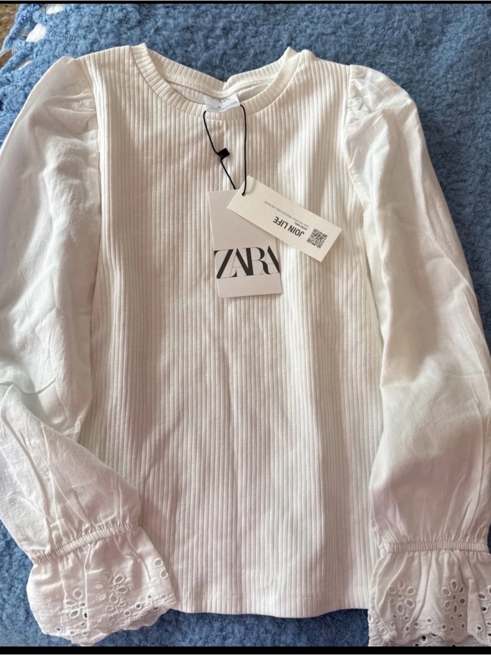 NWT Zara Girls Size 8 White Ribbed Puff Sleeve Eyelet Cuff Top 128 cm